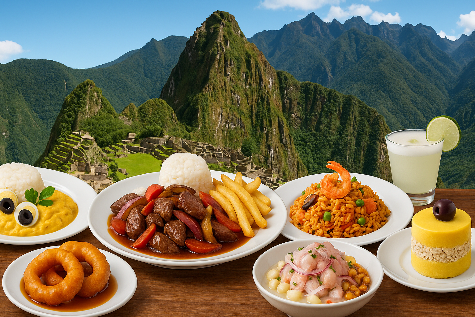 Imagen profesional de platos peruanos en platos blancos con detalles específicos