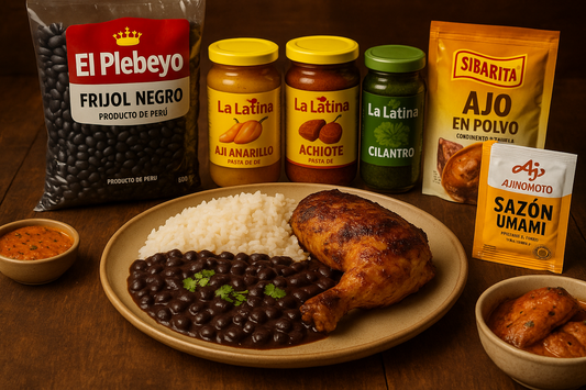 Frijoles Negros con Arroz y Pollo a la Brasa Peruano